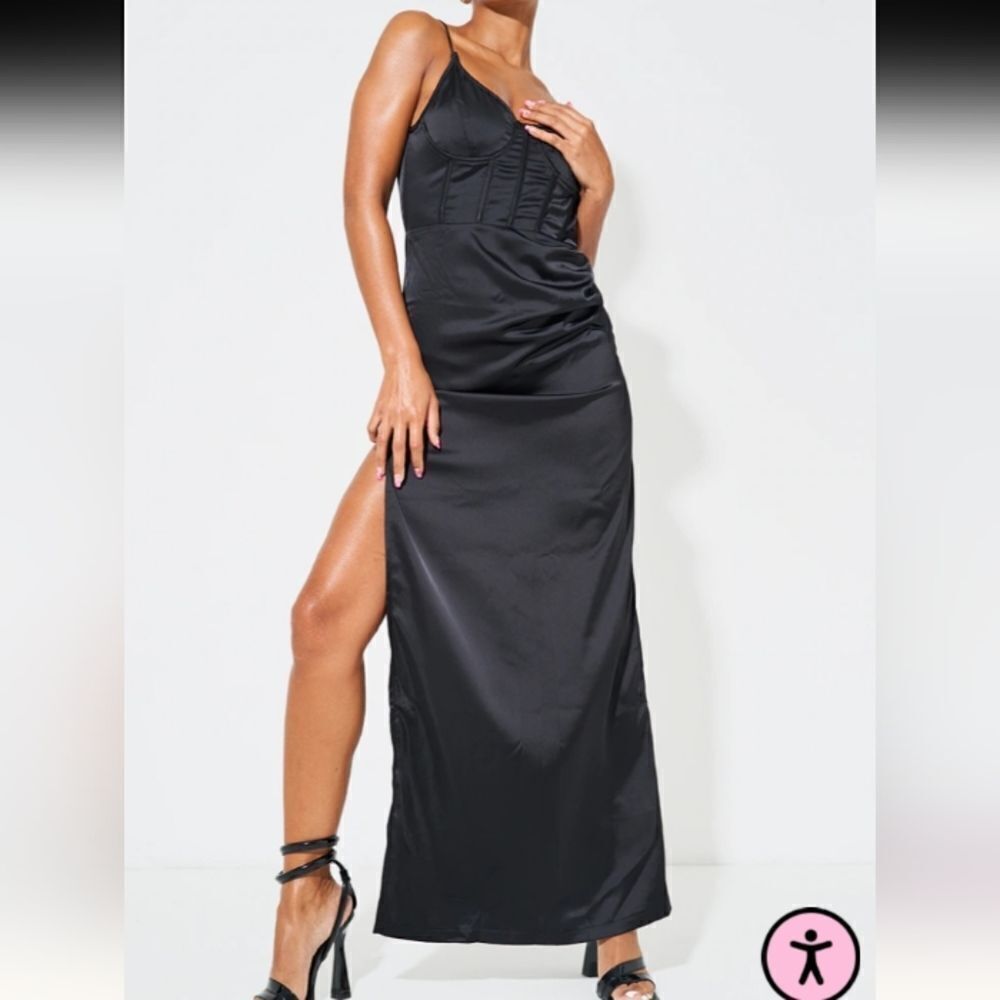 Pretty Little Thing Black Satin Corset Top Low Back Maxi Dress (10) Whimsigoth